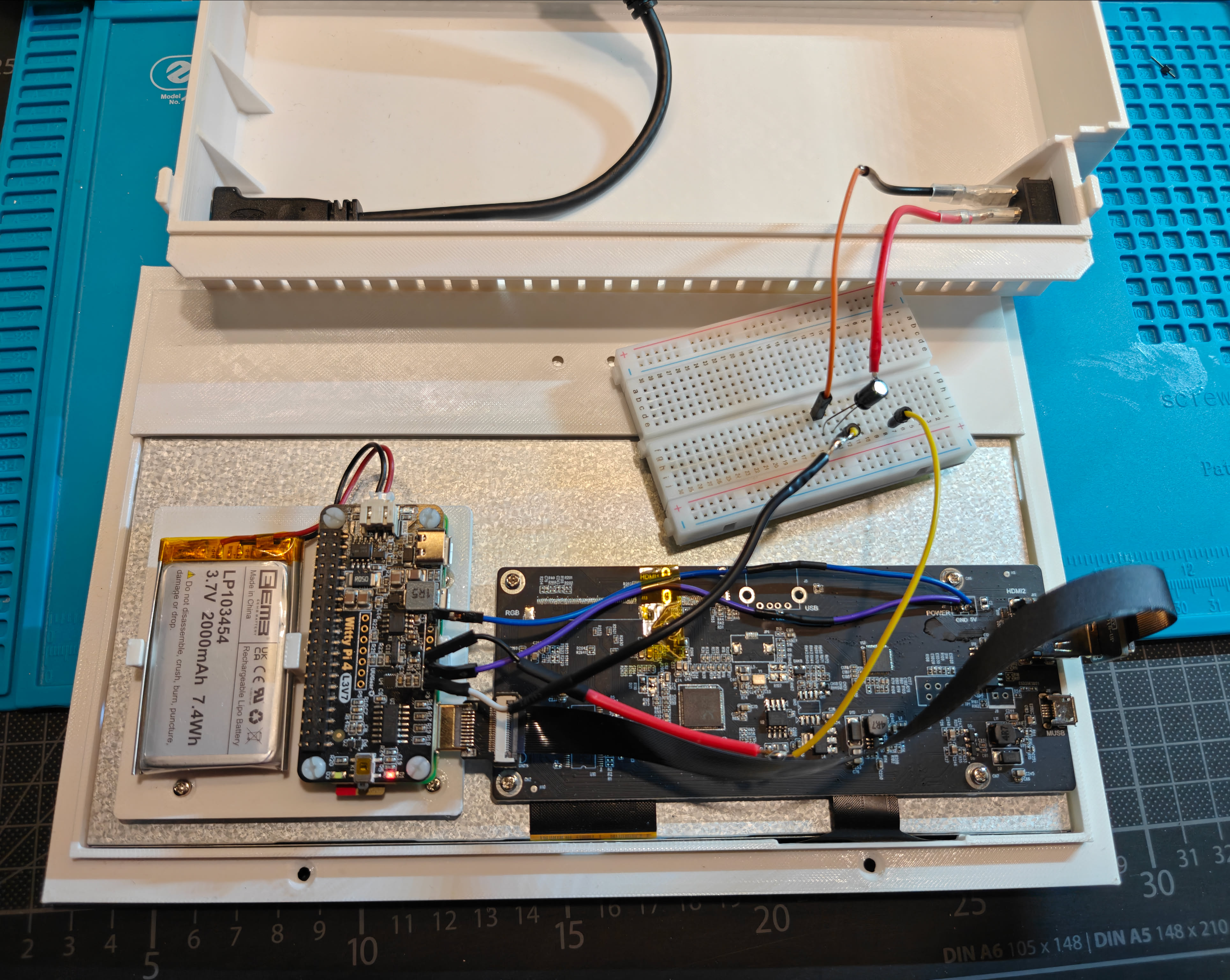 Initial electronics test assembly with the RPi Zero 2W, before migrating to the Pi 4B+